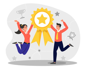 Winning team concept. Man and woman rejoices with gold medal in their hand. Award, reward and trophy, achievement, victory. Best employees, successful workers. Cartoon flat vector illustration