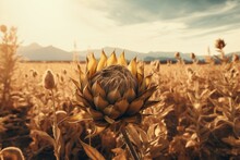 Autumn Illustration Featuring A Stunning Dry Artichoke Flower Against A Yellow Meadow Backdrop. Generative AI