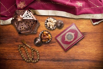 Wall Mural - Plate with dates tasty sweets on wooden desk