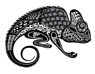 Wall Mural - Black ornamental chameleon silhouette vector on a white background