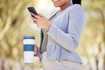 Poster - Checking her digital schedule. Closeup shot of an unrecognisable businesswoman using a cellphone while drinking from a reusable cup outdoors.