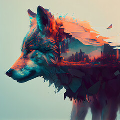 Naklejka na meble Digital illustration of a wolf in digital art style with urban background.