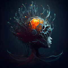 Wall Mural - 3d illustration of a human head with brain made of fire.