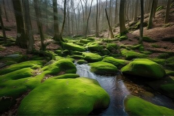 Canvas Print - serene forest stream surrounded by lush green trees. Generative AI