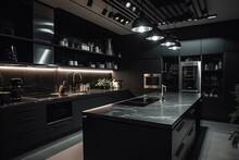 Modern Kitchen With Black Countertops And Stainless Steel Appliances. Generative AI