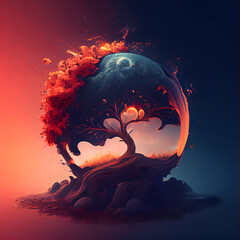 Wall Mural - Abstract tree in the shape of a planet with red smoke on a dark background