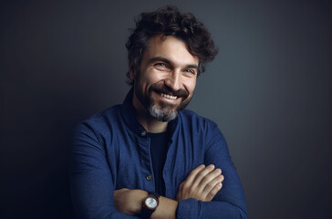 A man standing against a grey background, studio lighting style