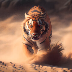 Wall Mural - Tiger in the sand, 3d rendering. Computer digital drawing.