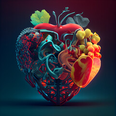 Wall Mural - Human heart made of fruits and vegetables on a dark background. 3d rendering