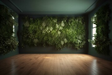 Wall Mural - Empty green room, plant-filled wall, wooden floor. 3D visualization. Generative AI