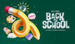 Back to school vector concept design. Back to school greeting text with curve pencil and educational elements. Vector illustration in chalkboard background. 