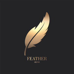 Wall Mural - Vector Fluffy Golden Color Feather Logo Icon, Silhouette Feather Closeup Isolated. Design Template of Flamingo, Angel, Bird Feather. Lightness, Freedom Concept