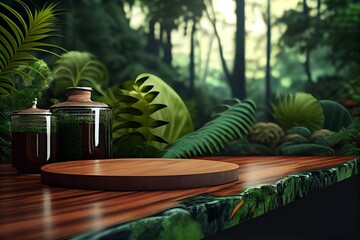Poster - Generative AI of wooden product display podium with tropical jungle background.