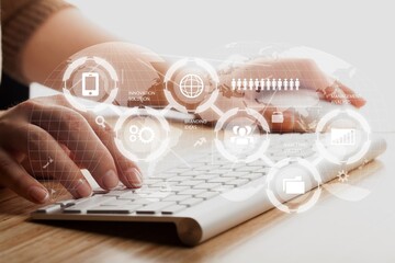 Poster - Hands of business person working on laptop