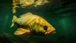 A golden dorado fish swims underwater in dark water with dark yellow and gold color scheme. Shot with precision in details and a creased, gigantic scale.