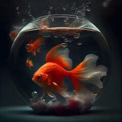 Goldfish in a round aquarium with bubbles. 3d illustration.