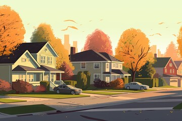 Sticker - Autumn Suburban Neighborhood Painting. Generative AI