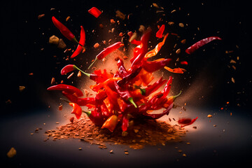 the spicy chilies are swirling together, twisting into a fiery explosion on a dark black background.