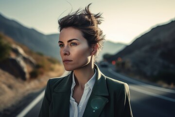 Portrait of a beautiful woman in a green jacket on the road