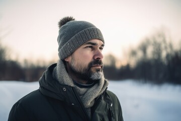 Wall Mural - Full-length portrait photography of a pleased man in his 30s wearing a warm beanie or knit hat against a snowy landscape background. Generative AI