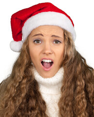 Canvas Print - Blonde beautiful girl with long hair in santa hat and a white sweater with long neck isolated on white background