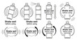 Shake well bottle before using, shaking spray aerosol can arrow, hand mix liquid drink with powder in container line icon set. Fitness shaker. Medical, cosmetic, chemical product package sign. Vector