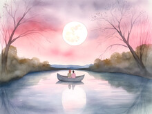 A Watercolor Painting Of A Couple In A Boat On A River