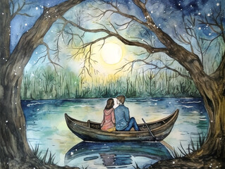 Wall Mural - A watercolor painting of a couple in a boat on a river