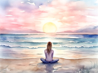 Wall Mural - A watercolor woman sitting on the beach looking at the ocean.