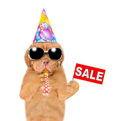 Poster - Mastiff puppy wearing sunglasses party cap blowing in party horn, shows signboard with labeled 