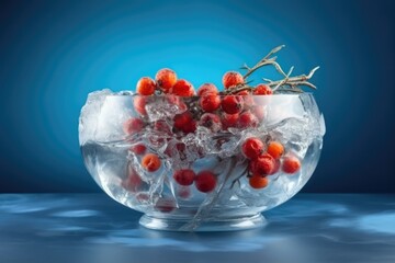 Poster - Glass Bowl Filled with Ice and Berries for Refreshing Summer Beverage. Generative AI