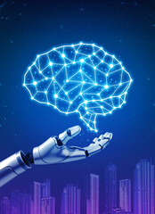 Aufkleber - 3d robot holding virtual futuristic digital brain glowing over cityscape, blue background, vertical style. Ai technology, machine learning, artificial intelligence with business development concepts.