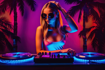 Attractive DJ girl wears bikini at the dance party. DJ console turntable, headphones. Neon light. Palm trees on background. Hot summer vacation nightlife. Generative AI