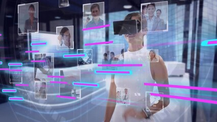Poster - Animation of glowing light trails of data transfer over caucasian woman in vr headset
