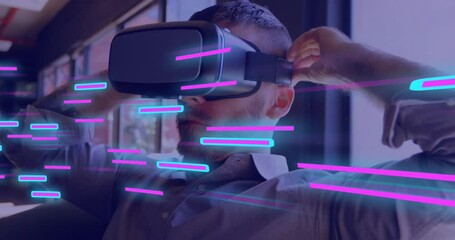 Poster - Animation of glowing light trails of data transfer over caucasian man in vr headset