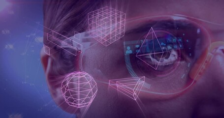 Poster - Animation of glowing 3d shapes of data transfer over caucasian woman in vr headset