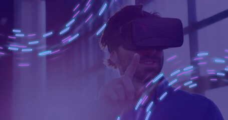 Poster - Animation of glowing light trails of data transfer and caucasian man in vr headset