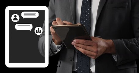 Poster - Animation of ai text, icons and data processing over caucasian man using tablet