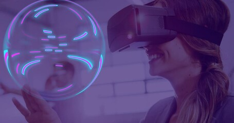 Poster - Animation of glowing light trails of data transfer and caucasian woman in vr headset