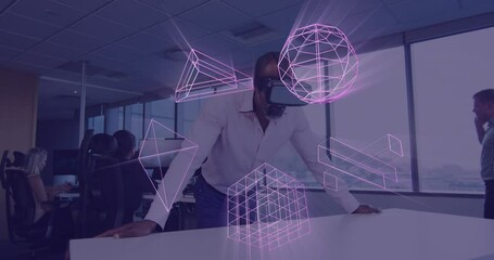 Poster - Animation of glowing 3d shapes of data transfer over african american man in vr headset