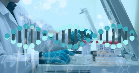 Poster - animation of dna strand spinning over caucasian male scientist