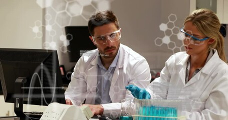 Poster - Animation of dna strand spinning over caucasian female and male scientists