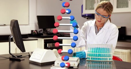 Poster - Animation of dna strand spinning over caucasian female scientist