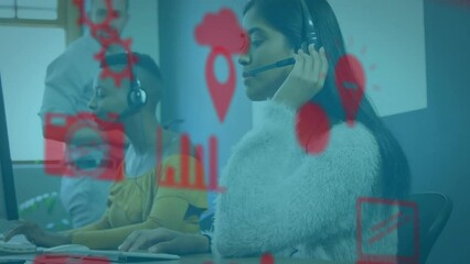 Poster - Animation of icons and data processing over diverse business people with headsets in office