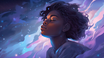 Wall Mural - lucid dreaming astral projection close up woman meditation illustration generative ai