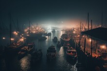 A Murky Port With Numerous Boats On The Sea, Illuminated Docks, And Mist Creeping From The Water. Generative AI
