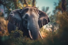 Vibrant Portrait Of A Beautiful Elephant Surrounded By Colorful Florals In Nature, Generative AI