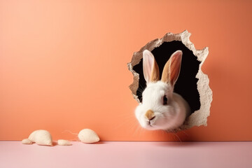 Wall Mural - Happy Easter Day Concept , Rabbit peeking out of a hole in paper wall, generative AI
