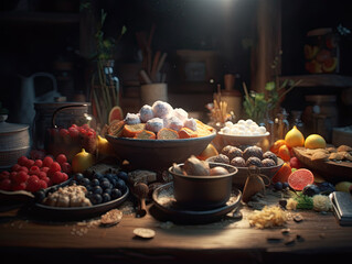 food and cuisine concept with colorful array of fresh ingredients and dishes, ai-generated artwork