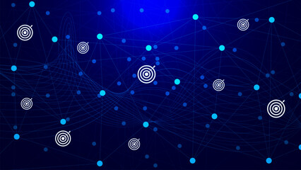 Poster - Connected dots and lines connection with target icons. Arrow target and glowing particle on dark blue background.